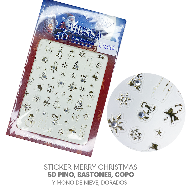 Sticker Merry Christmas 5D pino, bastones, copo y mono de nieve, dorados