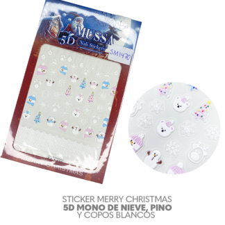 Sticker Merry Christmas 5D mono de nieve, pino y copos blancos
