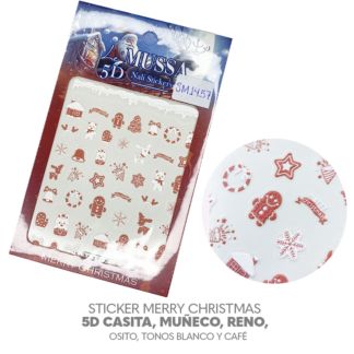 Sticker Merry Christmas 5D casita, muñeco, reno, osito, tonos blanco y café