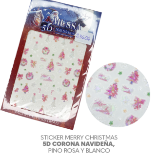 Sticker Merry Christmas 5D Corona navideña, pino rosa y blanco