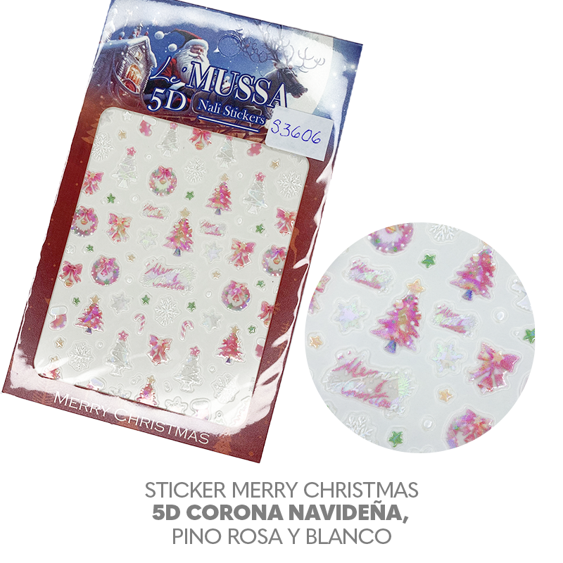Sticker Merry Christmas 5D Corona navideña, pino rosa y blanco